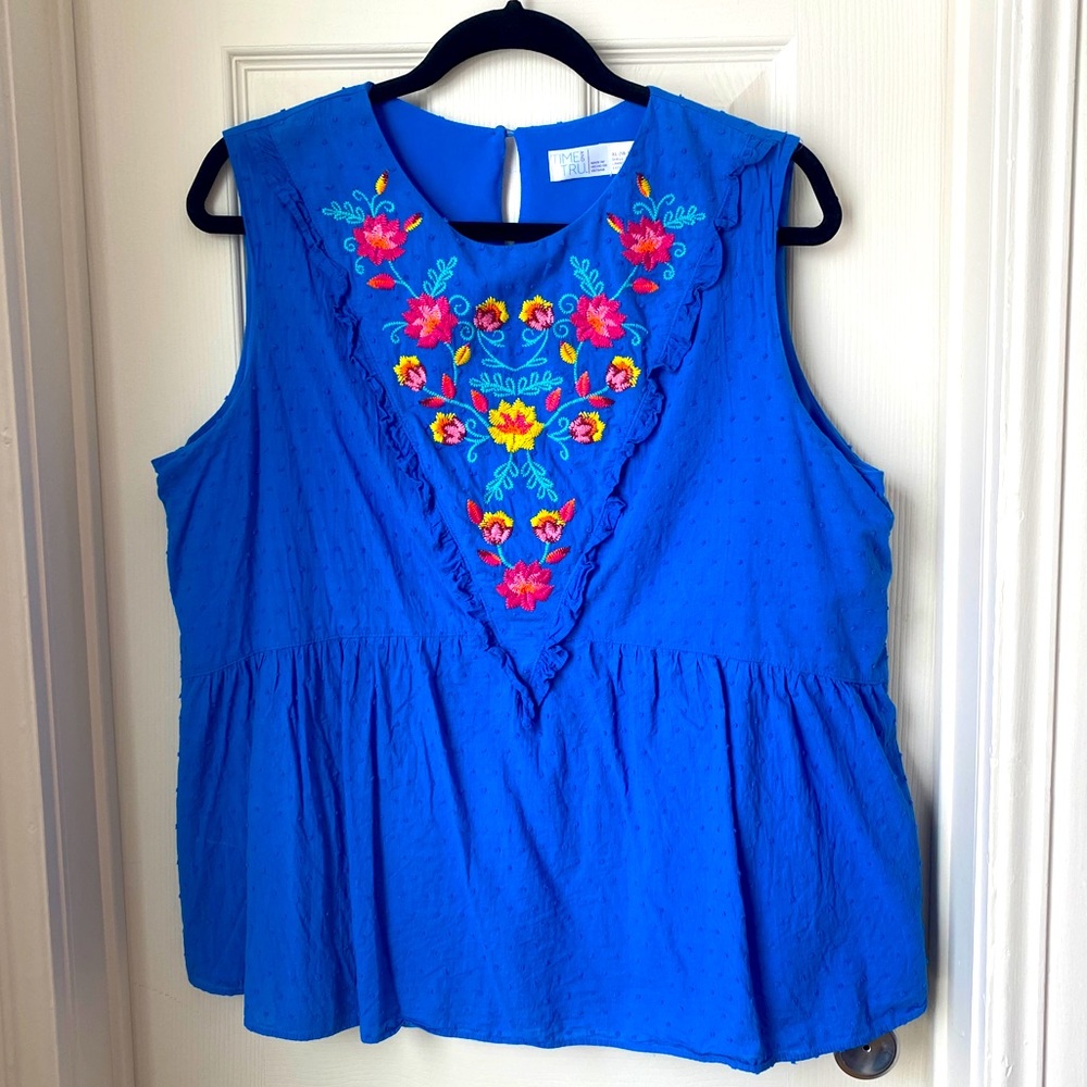 Time and Tru Blue Floral Embroidered Peplum Top